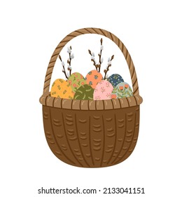 Easter wooden wicker basket with painted eggs and branch of pussy willow. Vector cartoon illustration isolated on white background. Happy Easter greeting card.