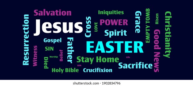 Easter word collage panorama blue background for Jesus crucifixion and resurrection salvation concepts in Christianity.