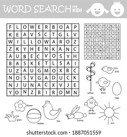 Easter Word Search Crossword Puzzle For Children. Find The Listed Words In The Puzzle And Cross Them Out. Black And White Educational Activity Page. Worksheet. Printable Sheet.