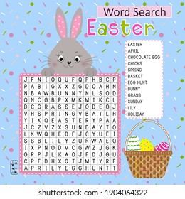 Easter word search puzzle with cute rabbit and basket. Educational game for kids. Holiday crossword. Suitable for social media post. 
Сolorful worksheet for learning English words. 