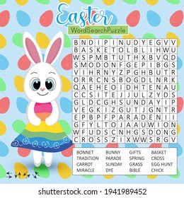 Easter word search puzzle with cute cartoon bunny. Educational game for kids. Funny holiday crossword. Festive colorful worksheet for learning English words. Vector illustration