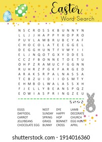 Easter Word Search Puzzle. Educational Game For Kids. Holiday Crossword. Party Card.  
Сolorful Worksheet For Learning English Words. 