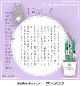 Easter word search puzzle. Educational game for kids. Holiday crossword. Suitable for social media post. 
Сolorful worksheet for learning English words. 