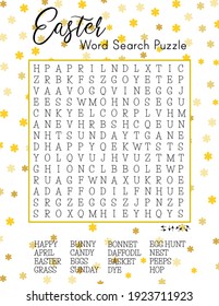 Easter Word Search Puzzle. Educational Game For Kids. Holiday Crossword. Party Card.  
Festive Colorful Worksheet For Learning English Words. 