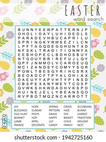 Easter word search puzzle.  Educational game for kids. Funny holiday crossword. Festive colorful worksheet for learning English words. Vector illustration