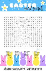 Easter word search puzzle.  Educational trivia game. Funny holiday crossword, worksheet. Suitable for socila media post. Party card. Fun printable spring  activities. Page for learning English words.