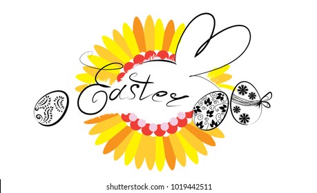 Easter Wording modern Composition - Easter lettering, Rabbit ears hand drawing, Easter eggs with yellow flower on white background.