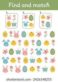 Easter worksheets for kids. Easter logic activity and game for preschool and kindergarten. Early development page. Trains attention and concentration. Matching game for kids. Easter teacher resources.