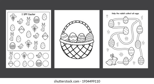 Easter Worksheets set with cute bunny. Black and white spring activity pages collection for kids. Coloring page with rabbit and eggs. Easter I SPY game. Vector illustration