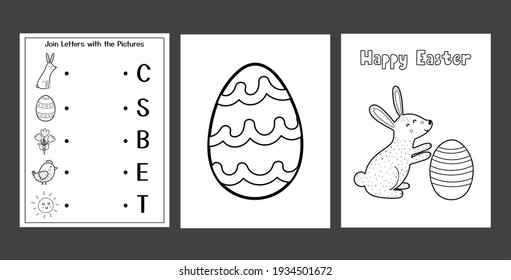 Easter Worksheets set with cute bunny. Black and white spring activity pages collection for kids. Coloring page with rabbit and eggs. Easter matching game. Vector illustration