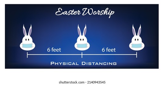 easter worship banner white easter bunny physical distancing  in blue background