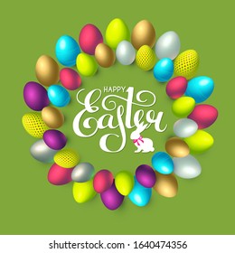 Easter wreath with 3D colorful eggs and lettering.