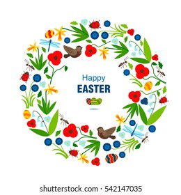 Easter wreath with birds, ants, daffodils, poppies, lily, cornflowers, dragonflies, ladybugs and eggs. Vector illustration.