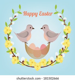 Easter wreath with birds. Vector greeting card 
