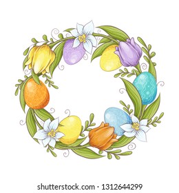Easter wreath. Branch of willow and colored eggs on white background.