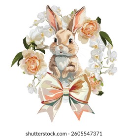 Easter wreath with bunny, eggs and flowers in watercolour style. Happy esater concept. 