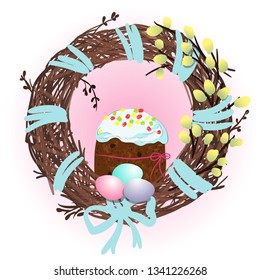 Easter wreath with cake, eggs and willow.