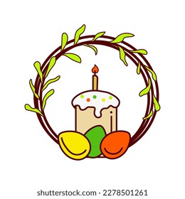 Easter wreath with cake and painted eggs on white background