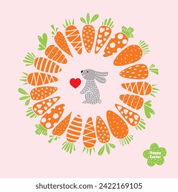  Easter wreath of carrots and a cute bunny. Cute greeting card. Cartoon illustration.