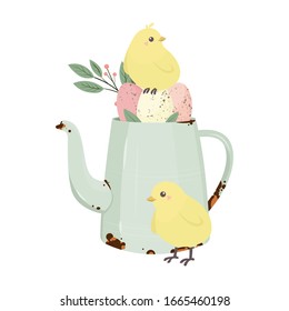 Easter wreath with chick, flowers and eggs. Greeting card. The symbol of spring. Vector illustration.