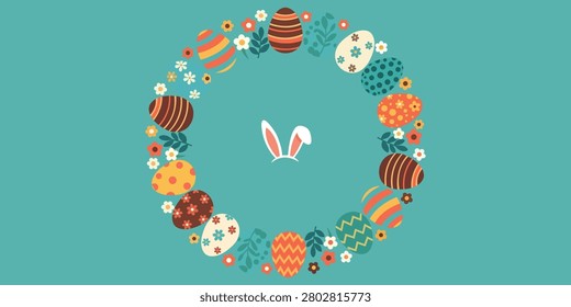 Easter Wreath Circular Floral Frame with Colorful Decorated Eggs Bunny Flowers Spring Holiday Festive Round Border Vector Flat Illustration for Greeting Card Invitation and Poster Design Projects