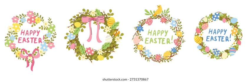 Colección de la corona de Pascua con huevos decorados, flores de primavera y hojas. Lindos marcos florales de primavera festivos. Perfecto para tarjetas de felicitación, invitaciones, carteles, pegatinas y álbumes de recortes.
