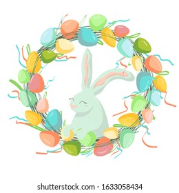Easter wreath with colored eggs and Easter cute rabbit, decoration for postcard, greeting cardc, print, hand draw