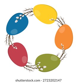 Easter Wreath of colorful eggs and willow branches.  Decorative element for design, greeting card, invitation, sale, decor.