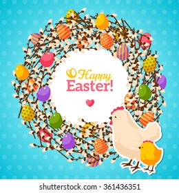Easter wreath with colorful pattern eggs, willow branches and hen with chicken on blue background. Vector Illustration. 
