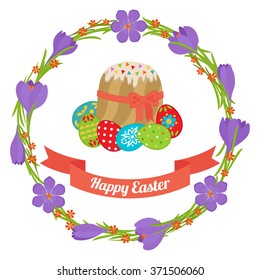 Easter wreath with crocus flower, Easter cake and colorful Easter eggs on white background. Vector illustration. Illustration for greeting cards, invitations and other printing and web projects.