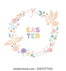 Easter wreath with cute birds, flowers, leaves and branches on white background. Decorative round frame with lettering. Unique design for your greeting cards, banners, flyers. Vector illustration