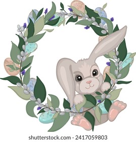 Easter wreath with cute rabbit, eggs, flowers and willow flat vector illustration. Hand drawn vector decorative Easter wreath isolated on transparent background. Happy Easter concept. Trendy design. 