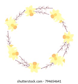 Easter wreath of daffodil flowers and willow twigs, a symbol of Easter but a white isolated background. Easter greeting card in vector.Illustration.