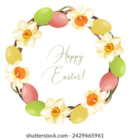 Easter wreath with daffodils and eggs. Frame, invitation, greeting card. Stock vector illustration on a white background.