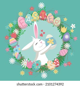 Easter wreath decorated with eggs, twigs and foliage. In the middle the Easter bunny gives a beautiful egg. Design of a wreath for easter