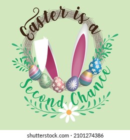 Easter Wreath decorated with rabbit ears, decorated eggs, green foliage and a beautil phrase Easter is a Secord Chance in a light green backgorund