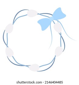 Easter wreath. The wreath is decorated with white Easter eggs and a blue bow. Color vector illustration. Isolated background. Flat style. Festive print. Idea for web design, invitations, postcards. 