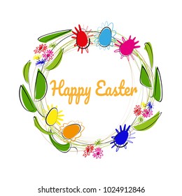 Easter wreath with decorative eggs and outline flowers and leaves on a white background. Text Happy Easter.