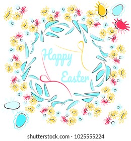 Easter wreath with decorative eggs and outline flowers and leaves on a white background. Text Happy Easter.