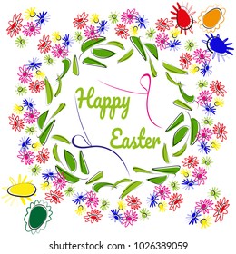 Easter wreath with decorative eggs and outline flowers and leaves on a white background. Text Happy Easter.