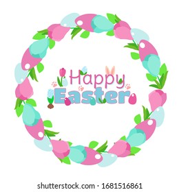 Easter wreath of delicate pink and blue crocuses and the heavenly color of decorative eggs. Happy easter text inside decorated with spring flowers, greenery. Wonderful image for greeting cards.
