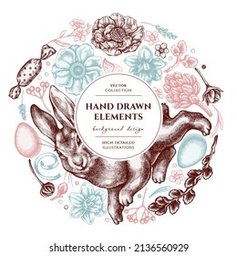 Easter wreath design. Hand drawn rabbit, eggs, willow branches, etc.