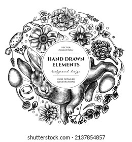 Easter wreath design. Hand drawn rabbit, eggs, willow branches, etc.