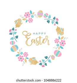 Easter wreath with Easter eggs, bunnies, flowers, leaves and branches on white background. Decorative frame with gold elements. Unique design for your greeting cards, banners, flyers.