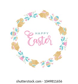 Easter wreath with Easter eggs, bunnies, flowers, leaves and branches on white background. Decorative frame with gold elements. Unique design for your greeting cards, banners, flyers.