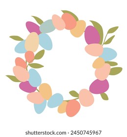 Easter wreath with Easter eggs, composition on a white background. Easter eggs with an ornament in the form of a circle with flowers.