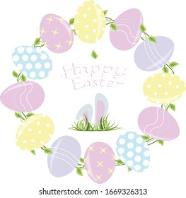 Corona de Pascua con huevos, colores delicados, hojas verdes, alegre cabecera de Pascua. Ilustración vectorial, logotipo, etiqueta, símbolo.