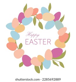 Corona de Pascua con huevos de Pascua, flores, hojas y ramas sobre fondo blanco. Marco decorativo con elementos dorados. Diseño único para tarjetas de felicitación, banners, volantes. Vector de estilo moderno.