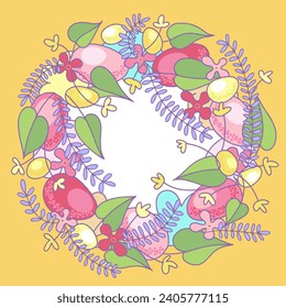 Easter wreath with eggs, flowers and leaves - vector illustration in spring colors