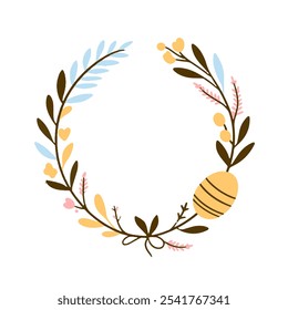 Easter wreath with Easter eggs, flowers, leaves and branches on a white background. Decorative frame with Easter elements.